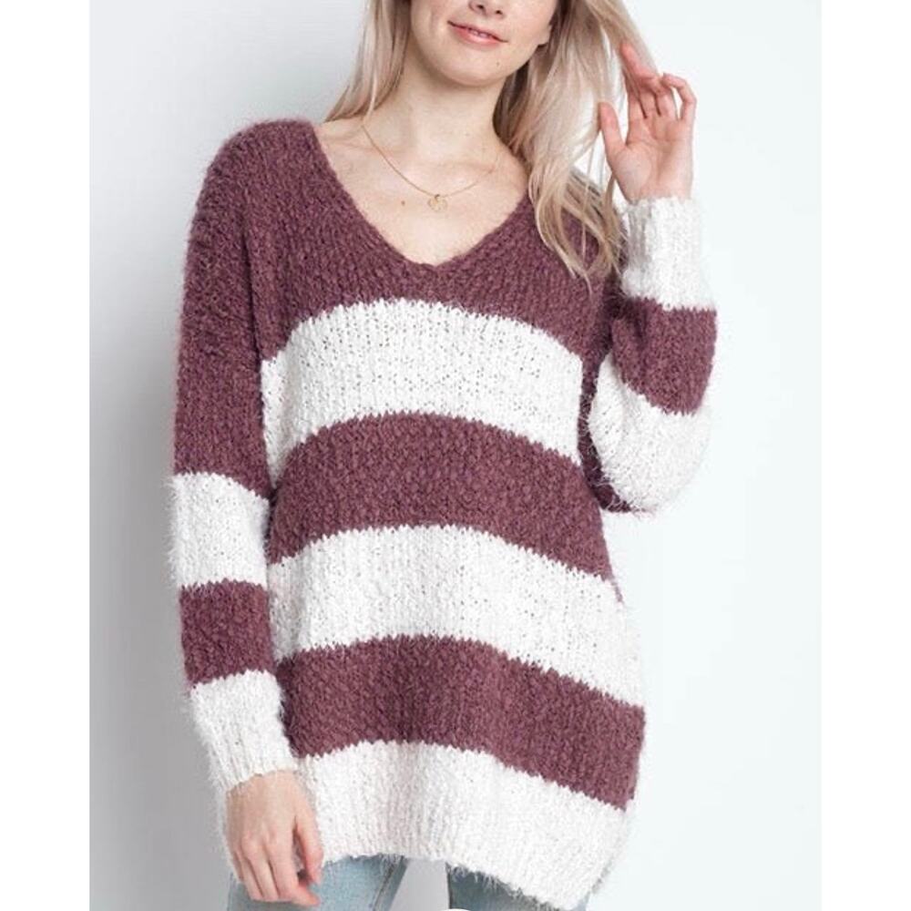 Dreamers Striped Fuzzy Pullover Sweater, Plum & Ivory Soft Cozy Knit V-Neck S/M